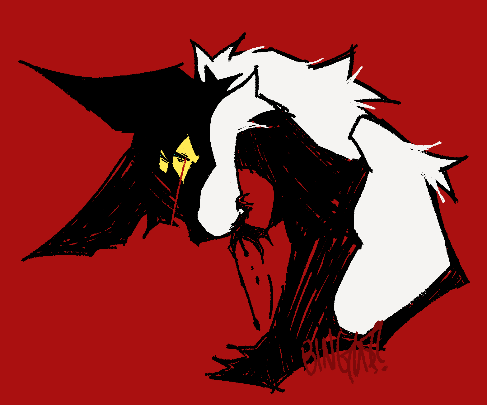 a sketchy bust drawing showing the left profile of a white cat on a red background. The drawing is harshly shaded. The cat has a small, third eye above its eye, and appears to be holding something in its mouth.