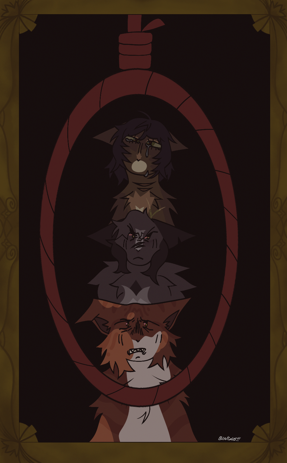 A drawing of three cat busts stacked on top of each other, encircled by a red noose, within a golden frame. At the bottom is a calico tabby with a fearful expression, in the middle is a dark brown cat with an angry expression, and at the top is a brown cat who is crying. The background is black.