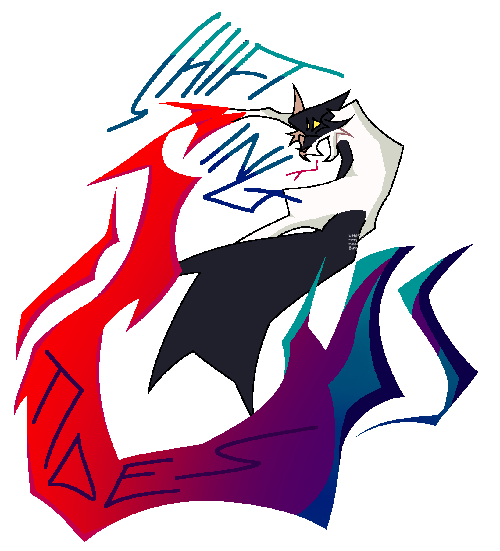 A somewhat abstract drawing of a calico cat with a large streak of blood coming from its outstretched paw. The blood transforms into a wave at the end. There is text reading: Shifting Tides.
