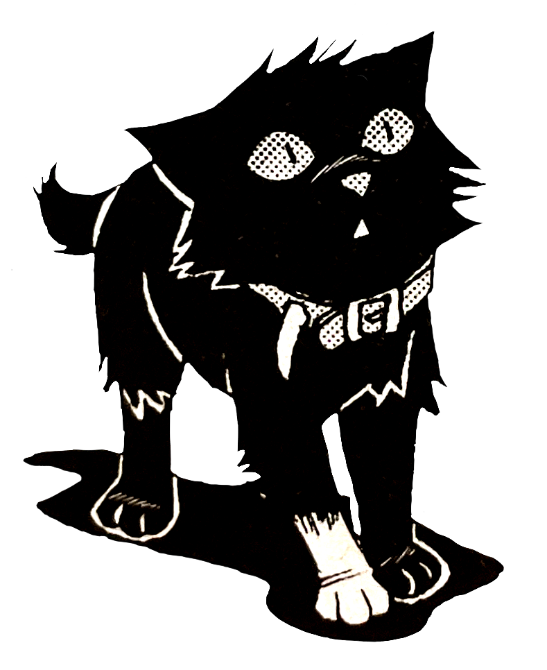 an manga-styled image of Scourge from Warrior Cats. He is a small, black cat with a white left paw. He wears a collar with a single spike embedded in it