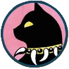 a round icon  with a pink background showing a profile view of Scourge from Warrior cats. He is a black cat with yellow eyes and a yellow collar embedded with spikes. 